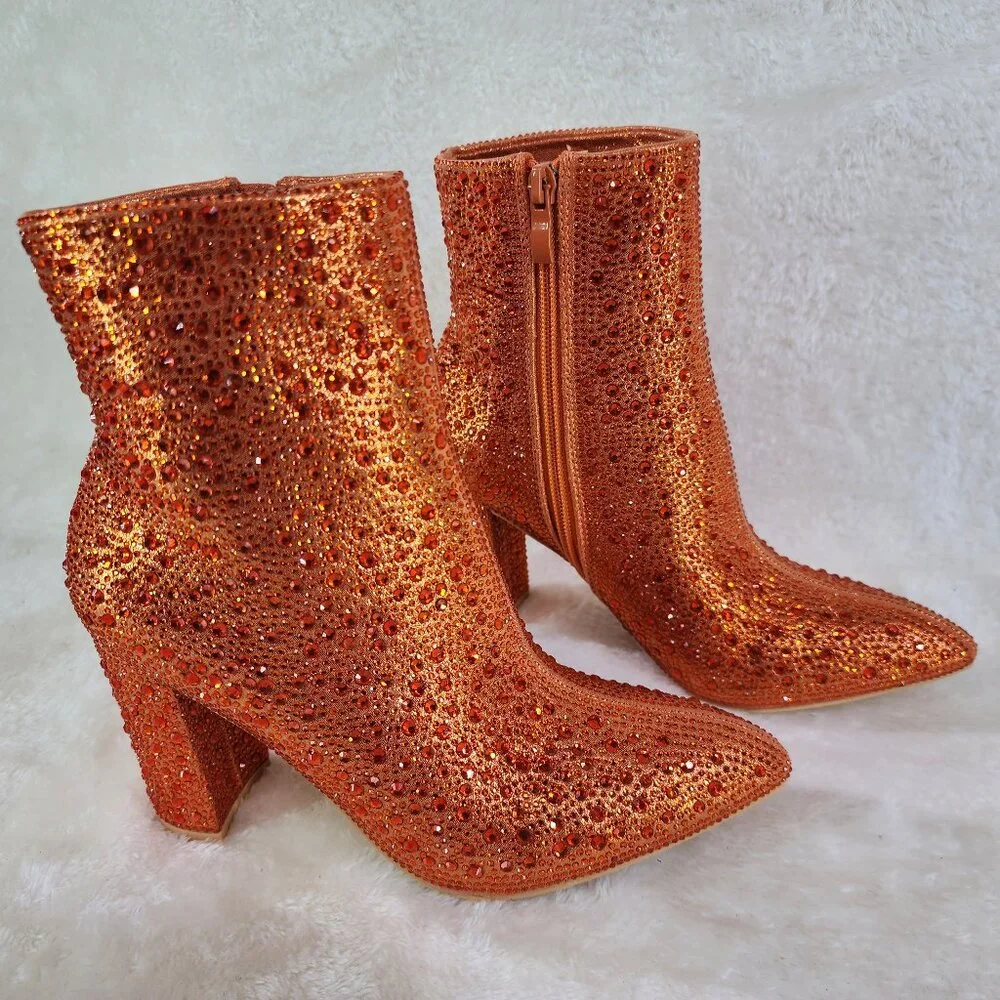 RESTOCKED! Metallic Orange Rhinestone Ankle Boots with 3" Block Heel - Picture 3 of 8